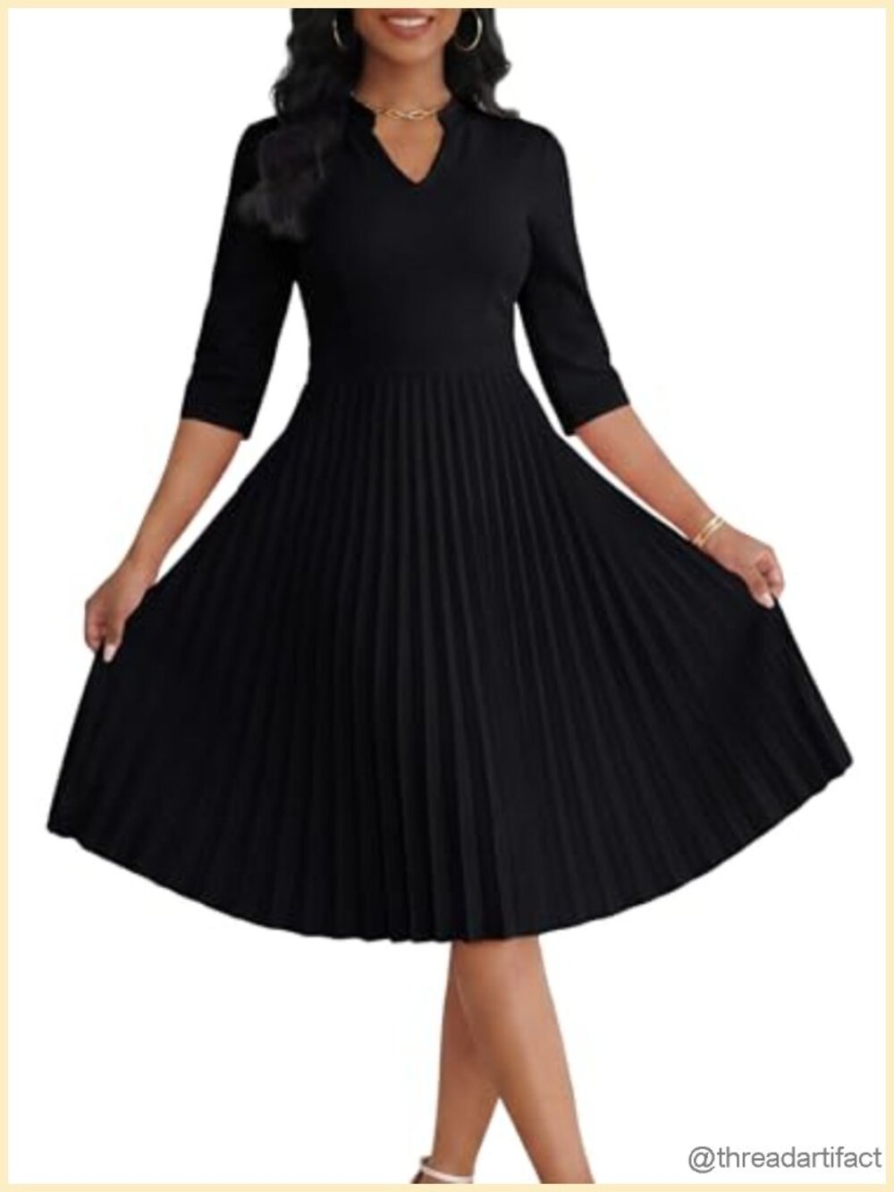 Pleated Midi Dress 3/4 Sleeve V-Neck Cocktail Dress with Pockets